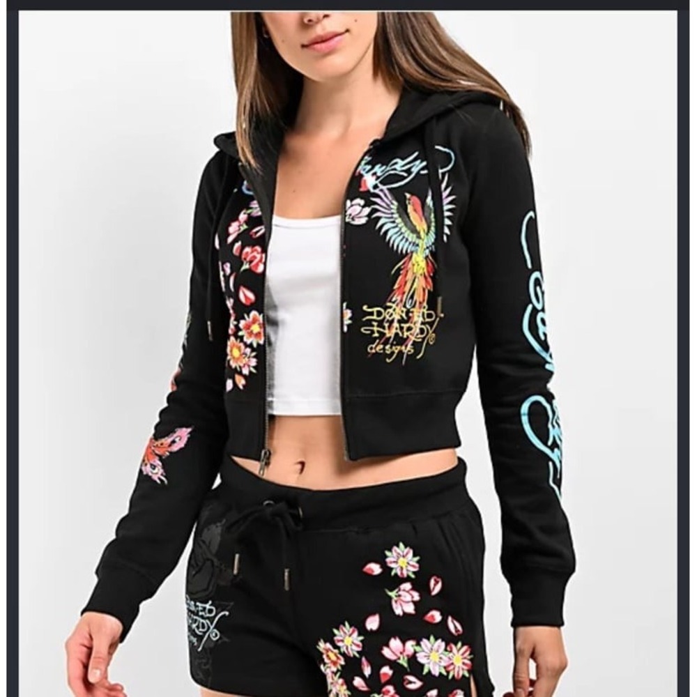 Ed Hardy Black Floral Bird Print cropped jacket size Small